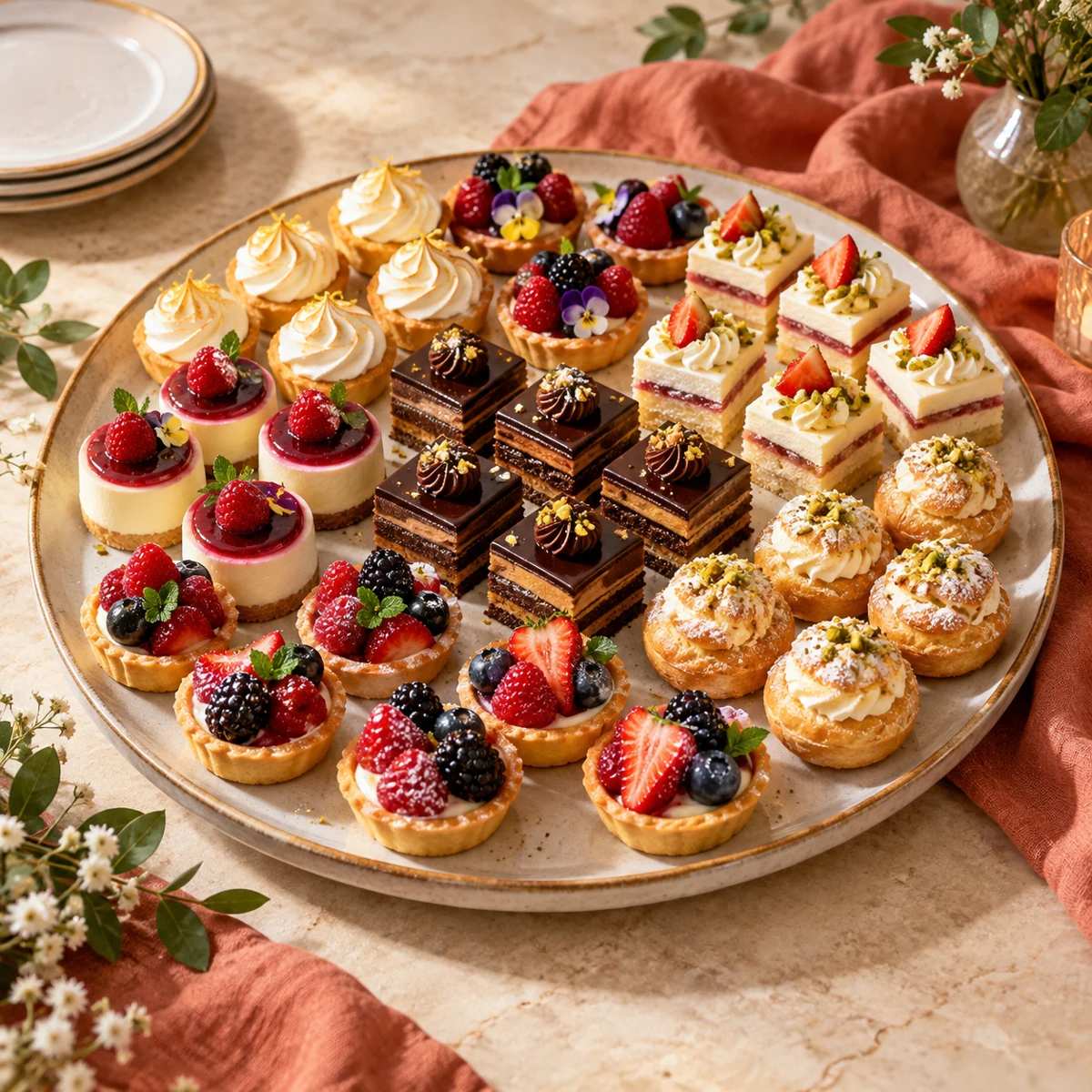 AI-generated sample platter of miniature pastries and cakes